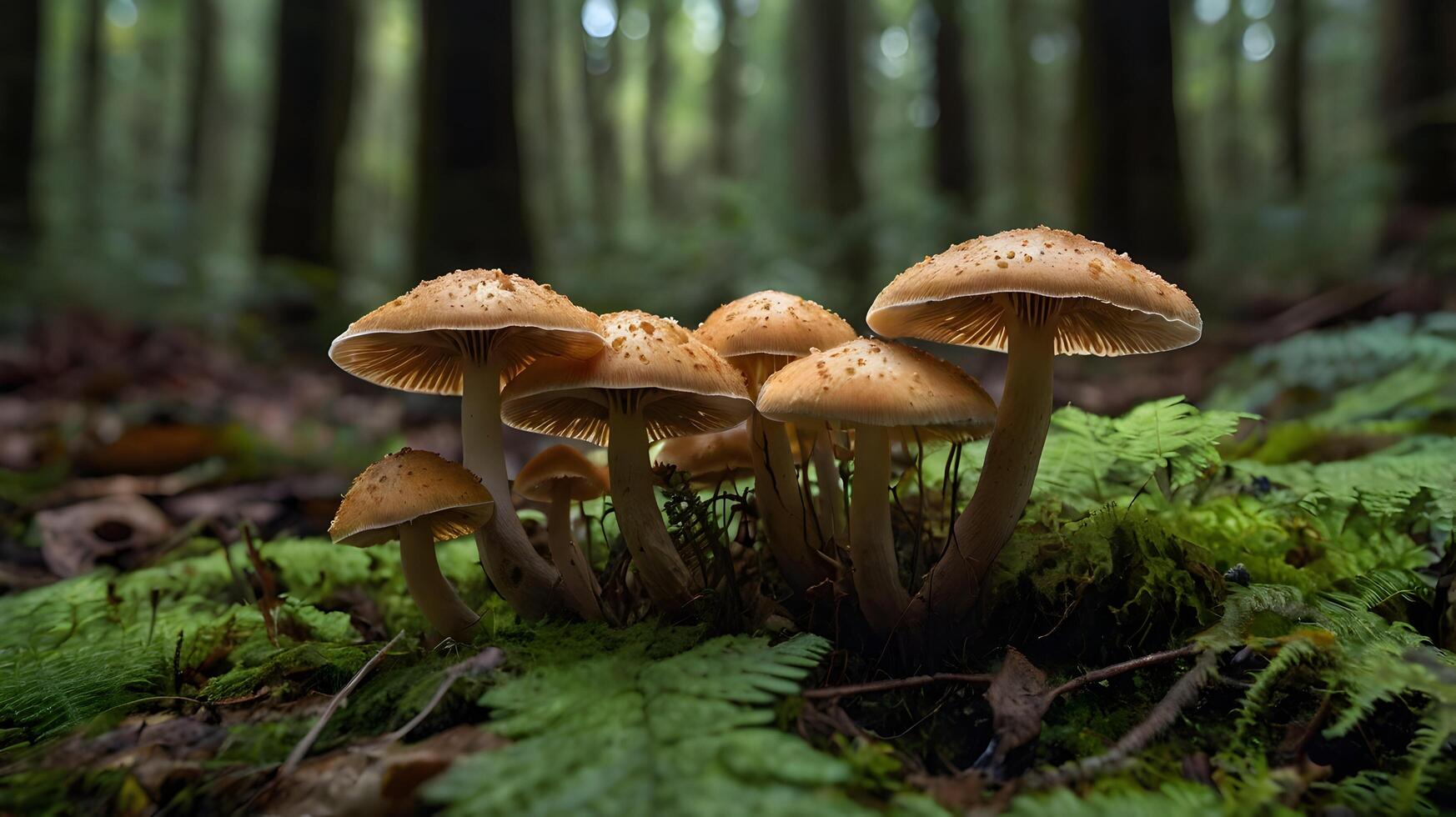 Forest Mushrooms Cluster Glowing Amber Hues Mossy Green Setting photo