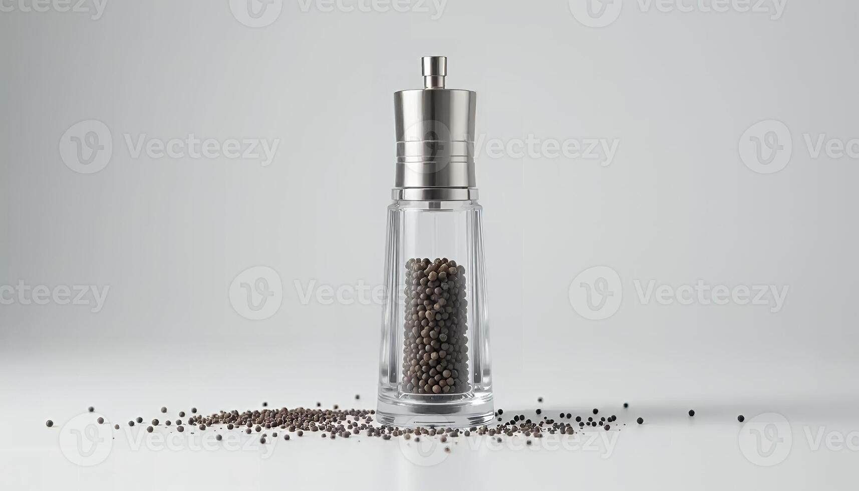 Pepper Grinder with Peppercorns Spilling on White Surface for Culinary Use photo