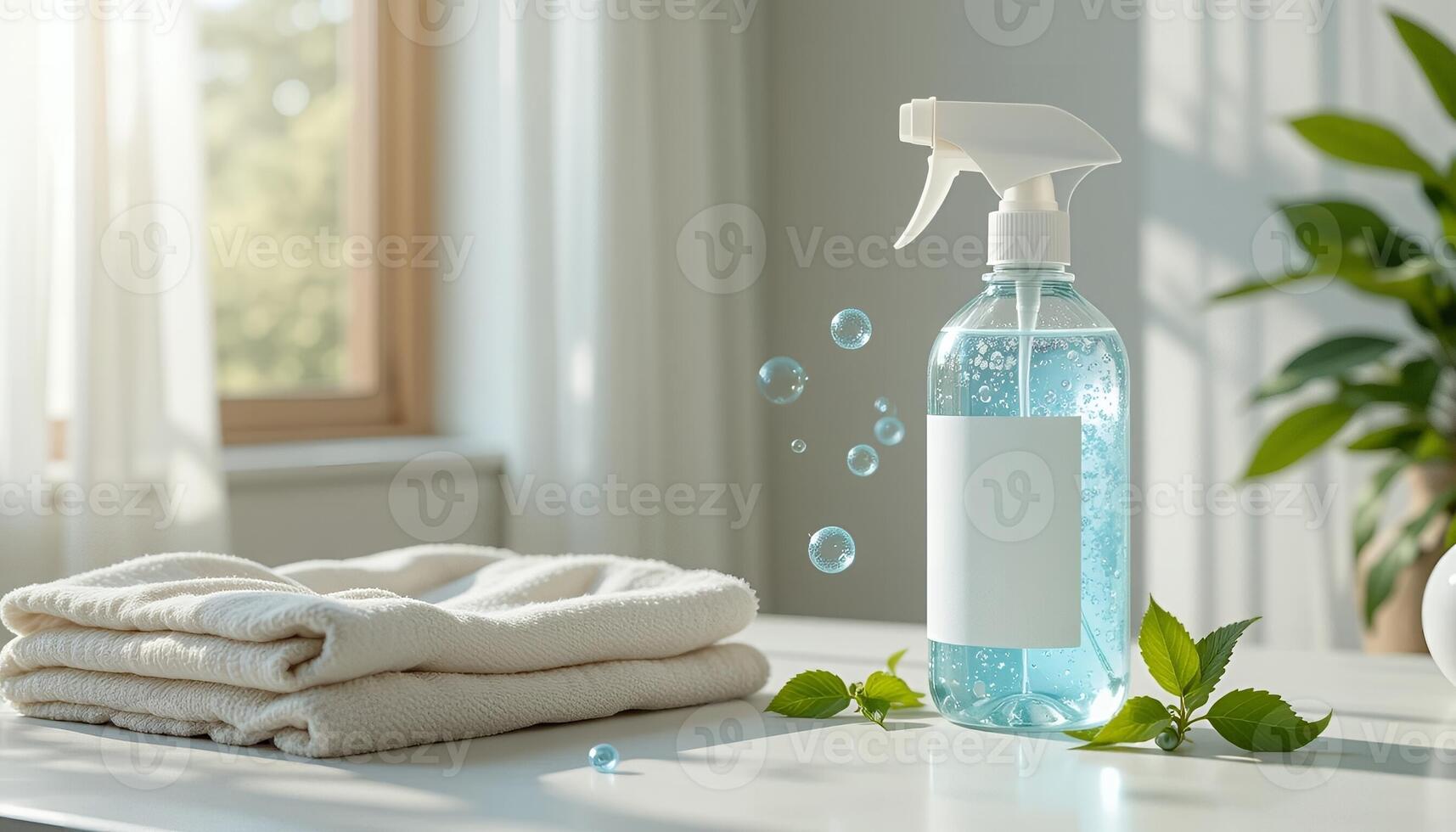 A bottle of cleaning spray and a towel on a table photo