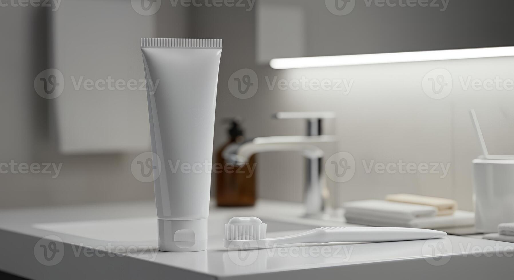 A toothbrush and toothpaste on a counter photo