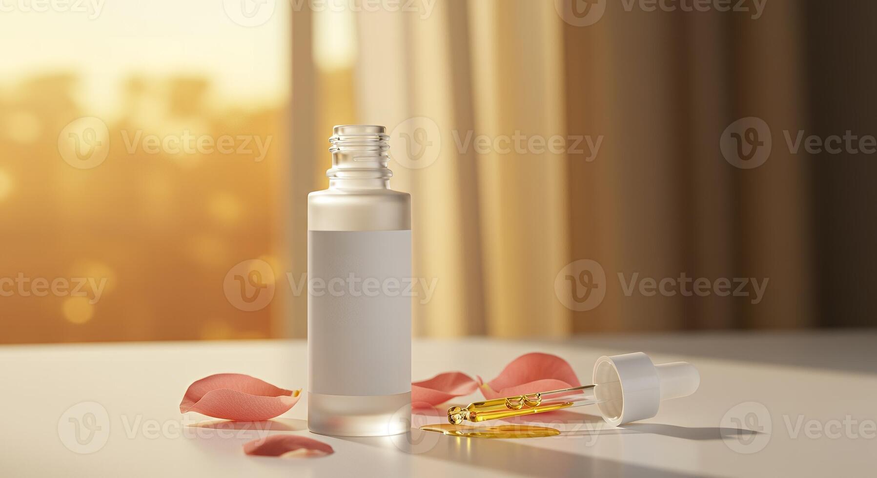 A bottle of essential oil and rose petals on a table photo