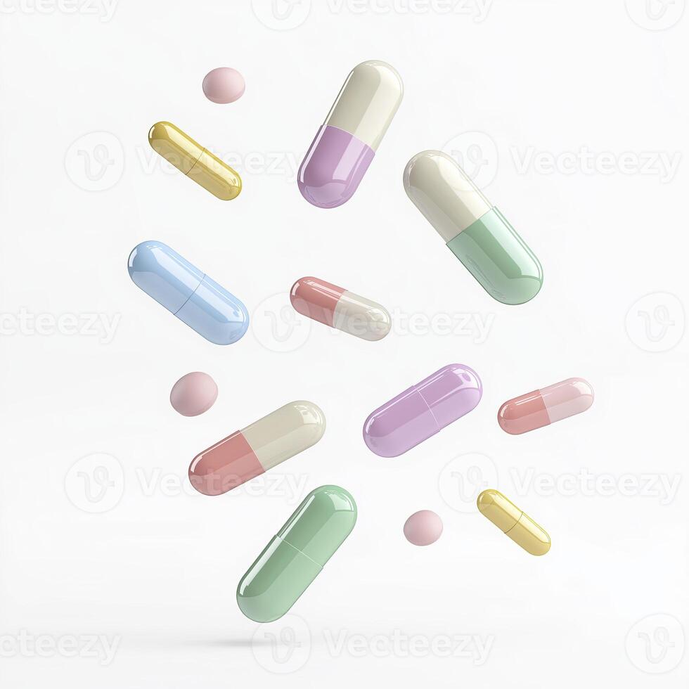 Colorful capsules and pills floating in air, creating vibrant and dynamic scene of medicine and health photo
