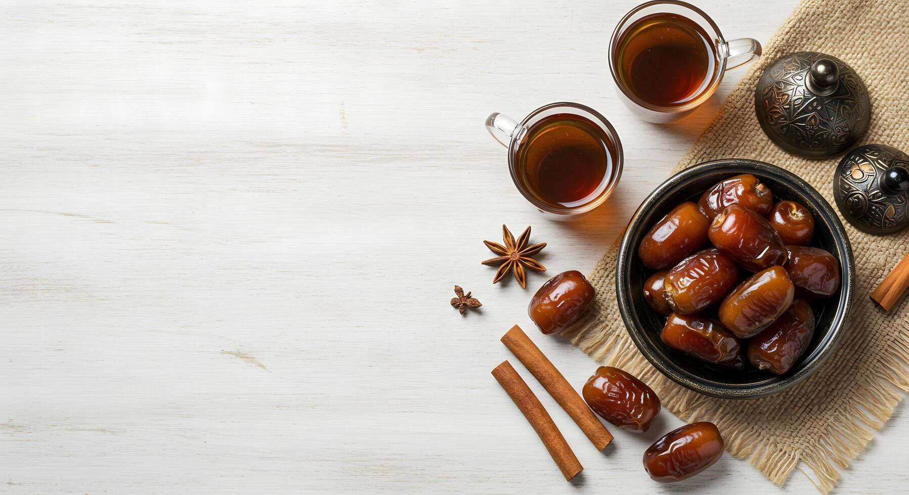 Flat lay of dates with cinnamon sticks on white background photo