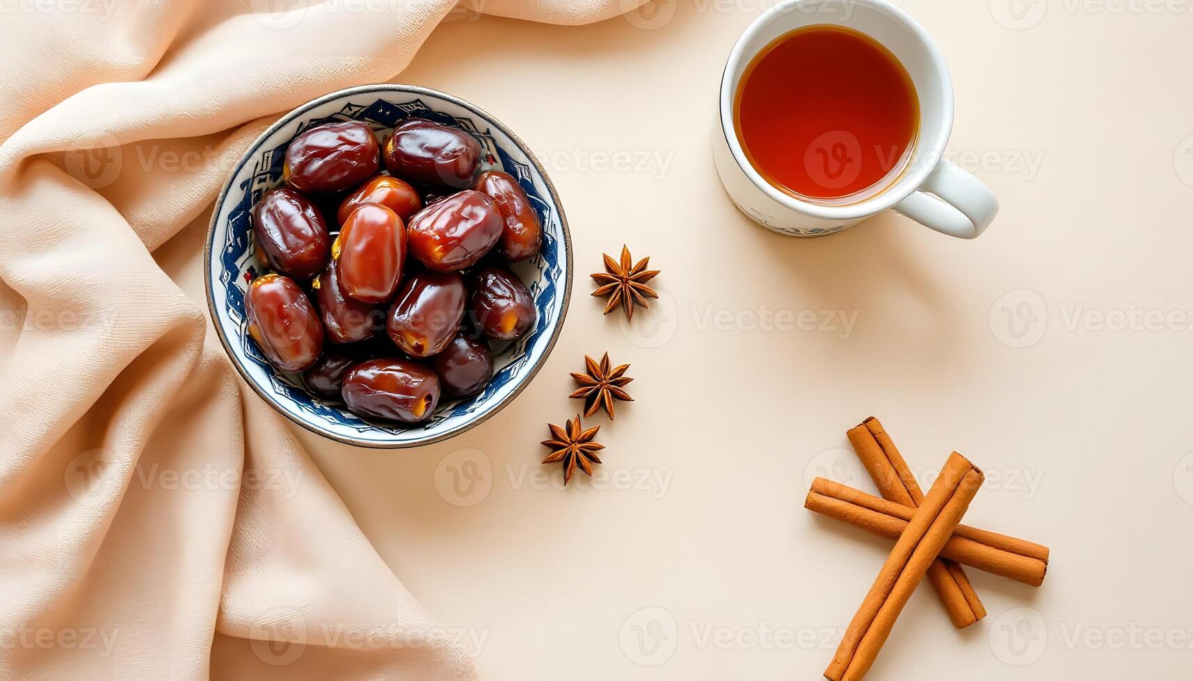 A top view of traditional Middle Eastern dates and tea photo