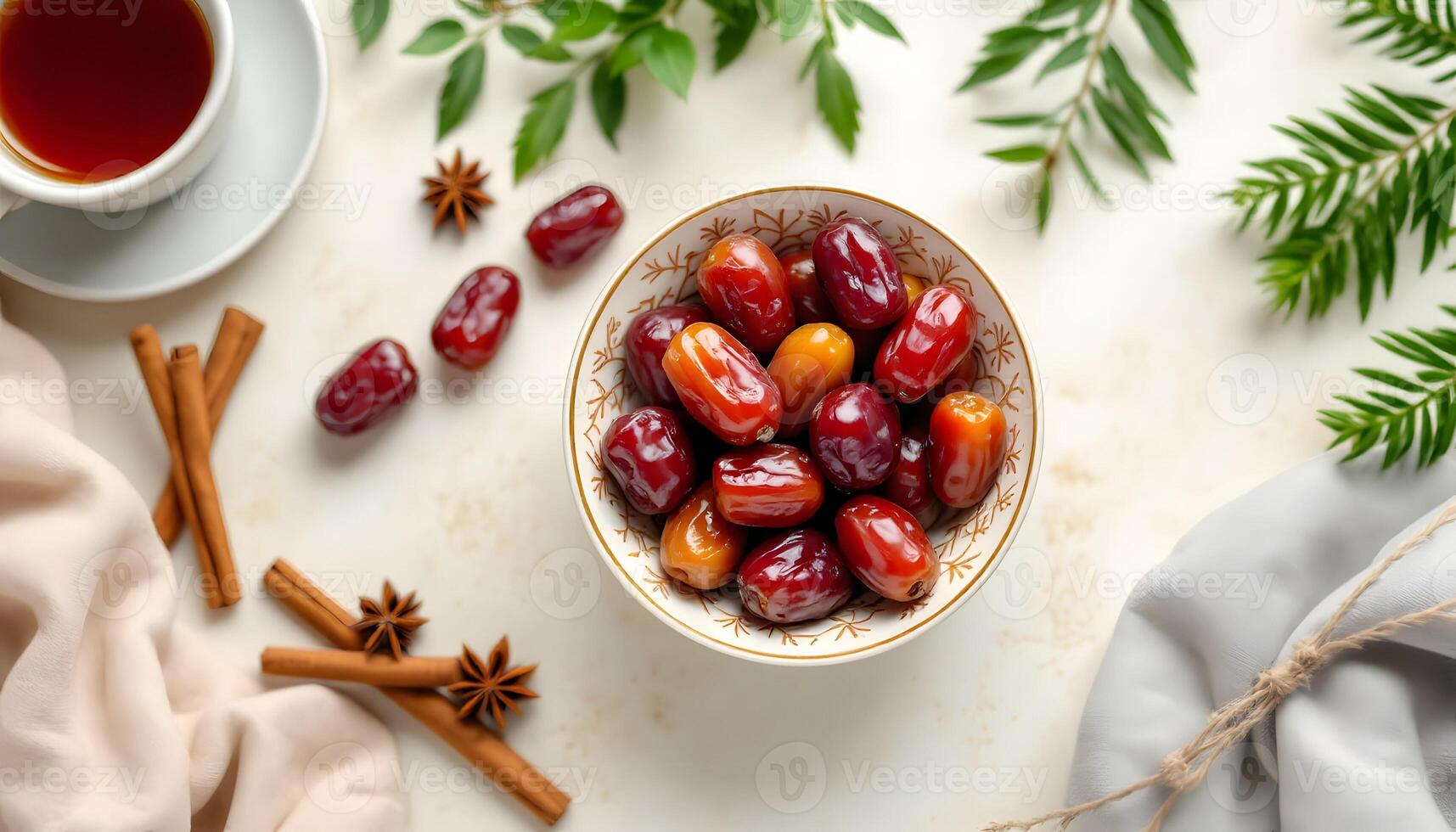 Middle Eastern dates and tea with an elegant rustic setting photo