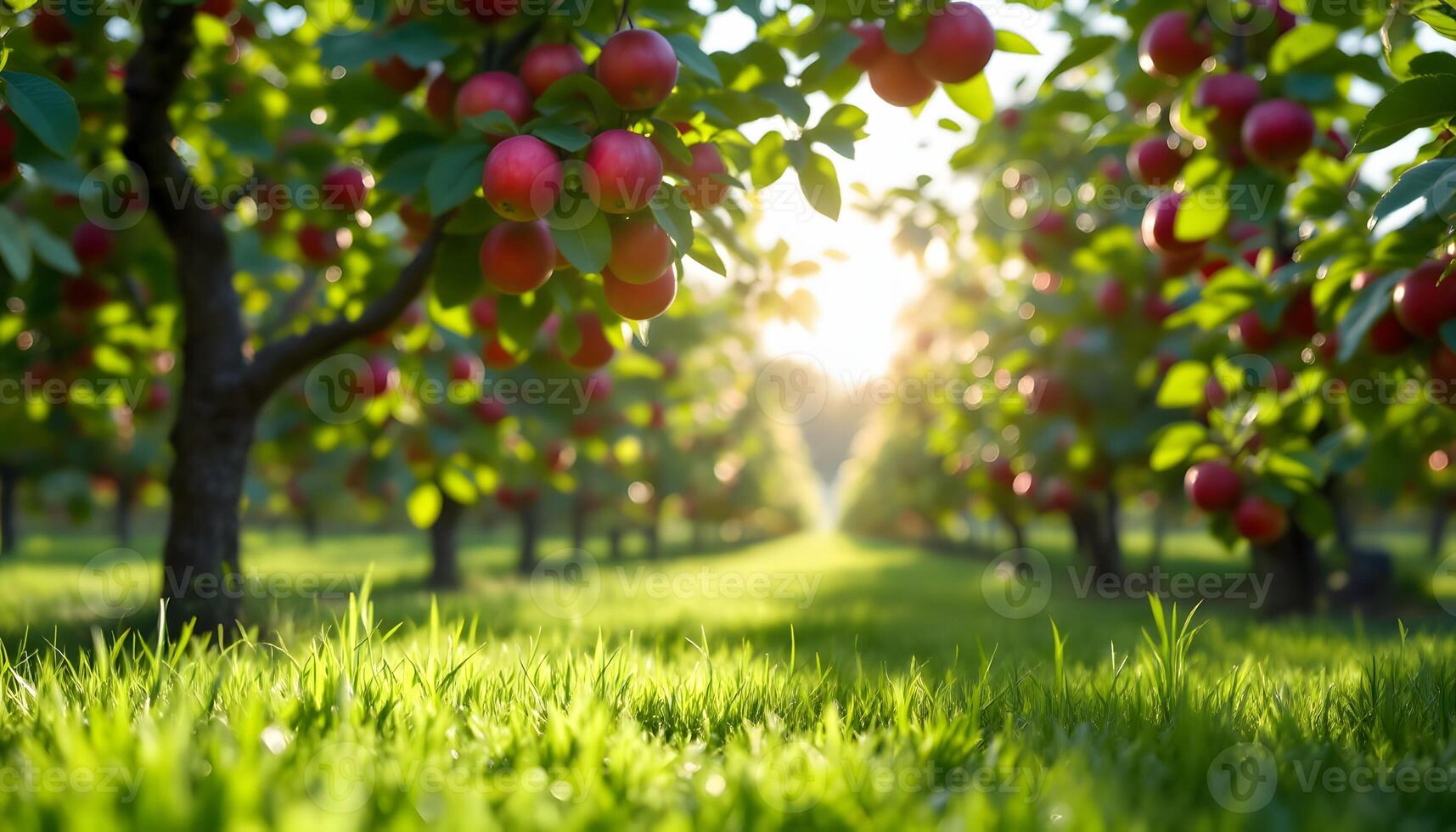 Apple orchard full of ripe apples under morning sun photo