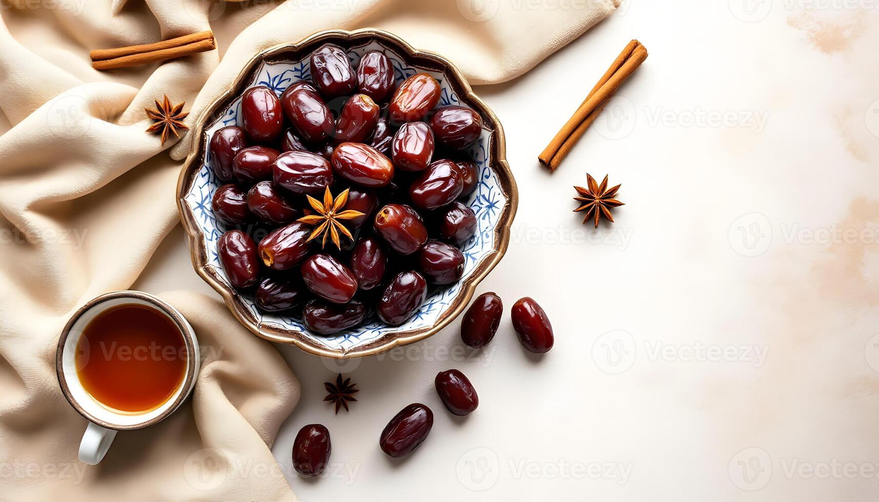 A bowl of glossy dates with a tea cup on a table photo