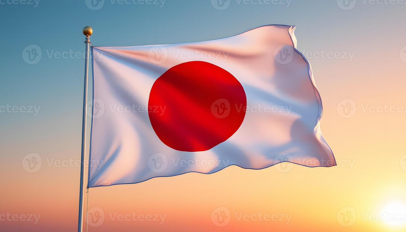 Japanese flag on pole glowing in sunset light photo