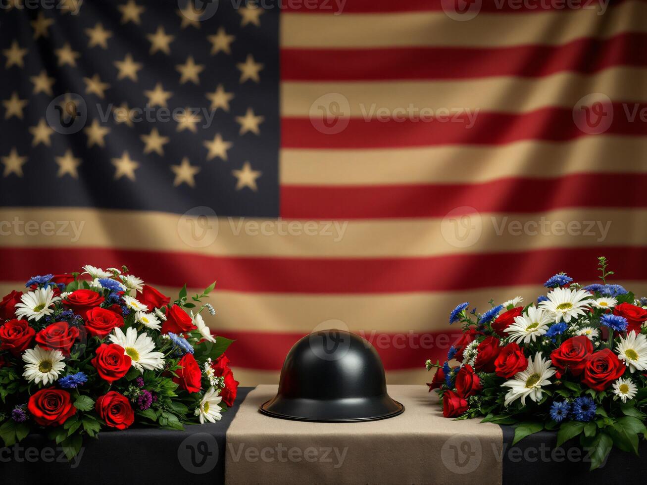 Memorial tribute with American flag, helmet, and patriotic floral display photo