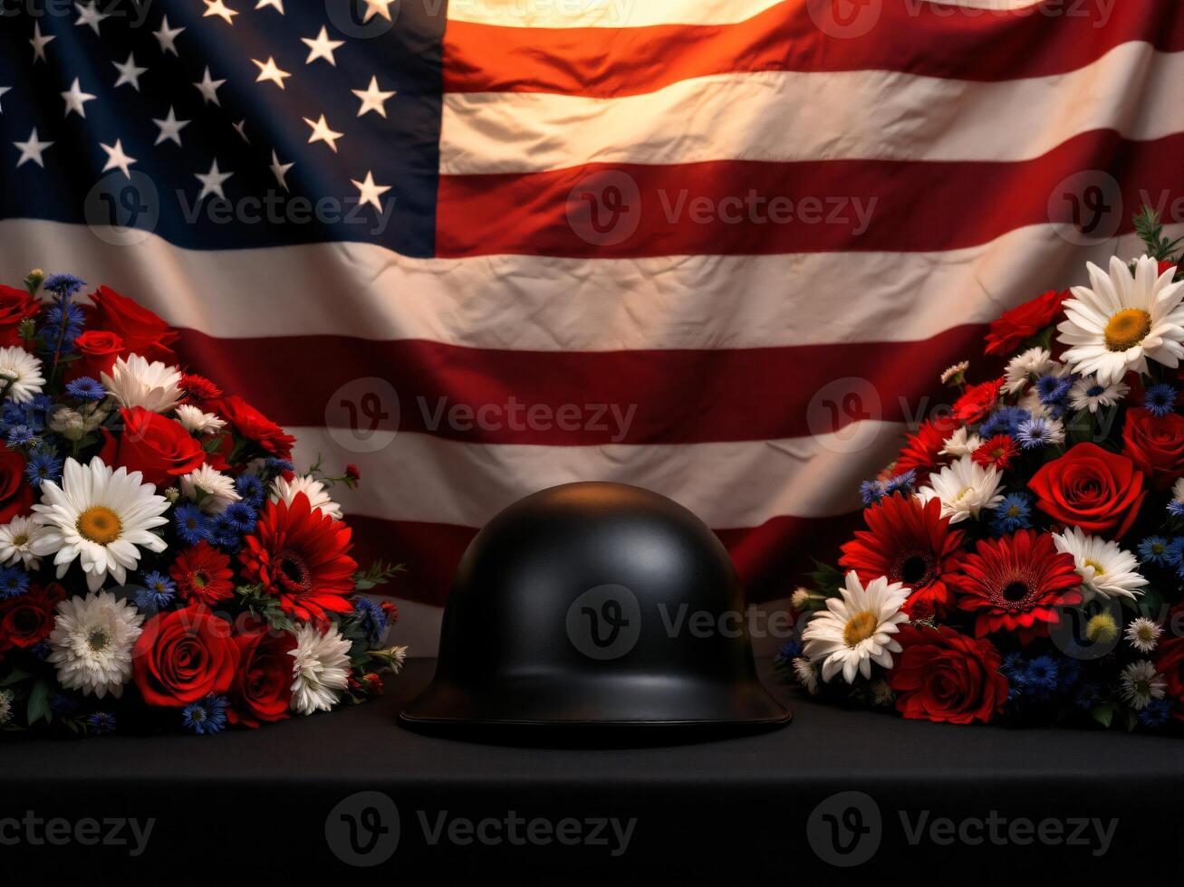 American memorial with military helmet and patriotic flower bouquets photo