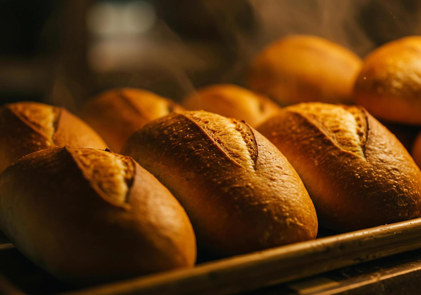 Freshly Baked Bread Rolls Cooling on Rack with Steam Detail photo