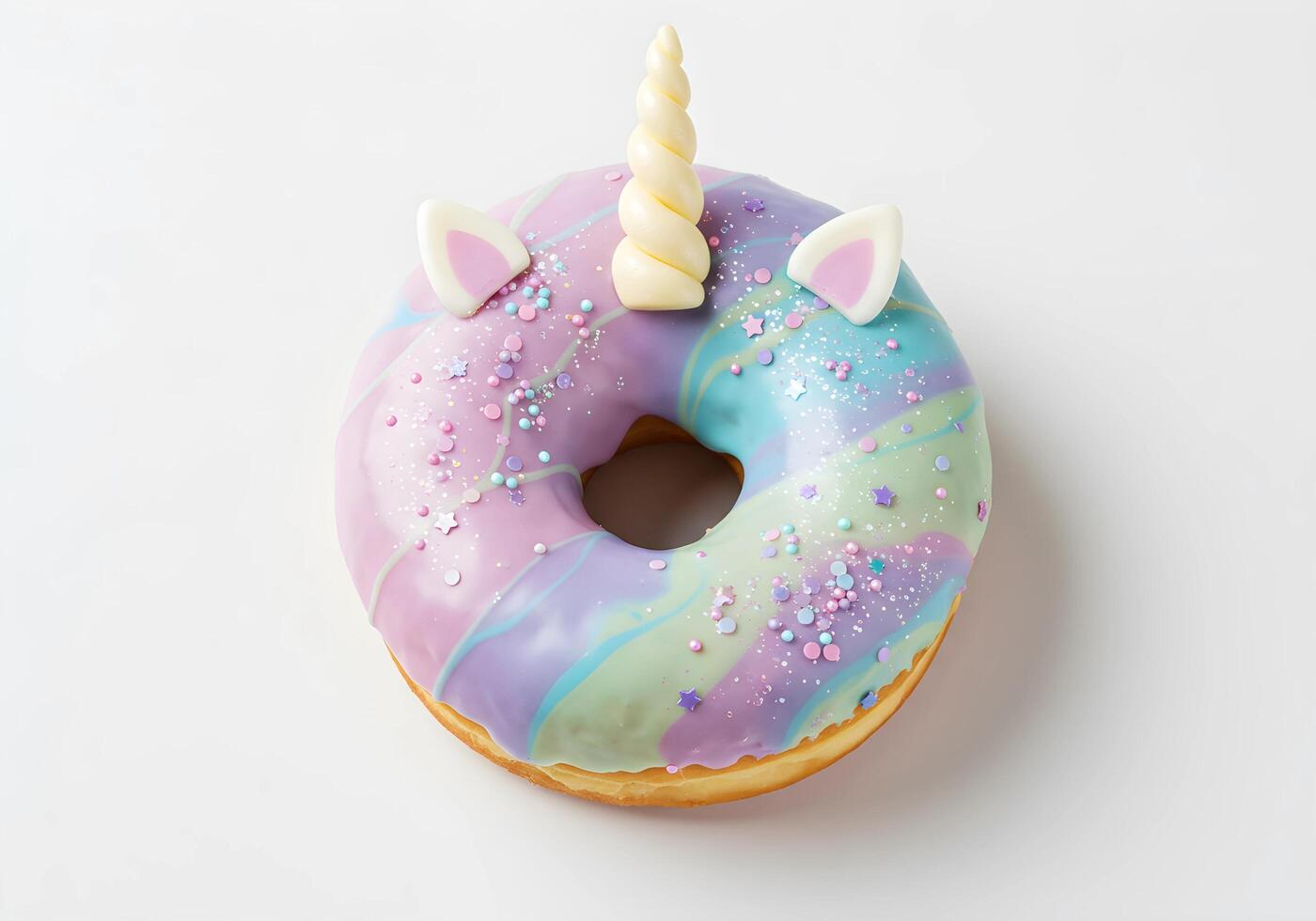 Unicorn Doughnut with Pastel Glaze and Sprinkles on White Background photo