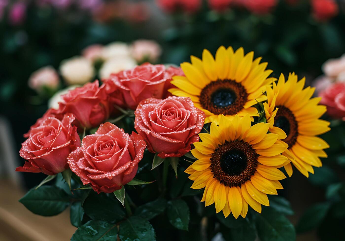 Close-up of Roses and Sunflowers with Dew Drops for Floral Designs photo