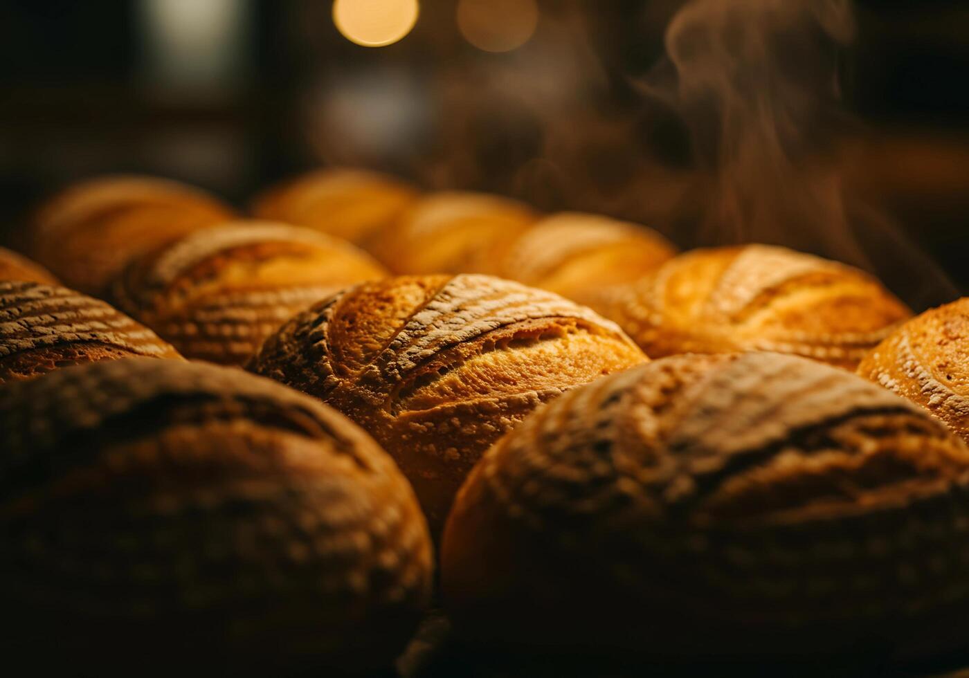 Freshly Baked Sourdough Bread Loaves with Warm Steam and Golden Crust photo