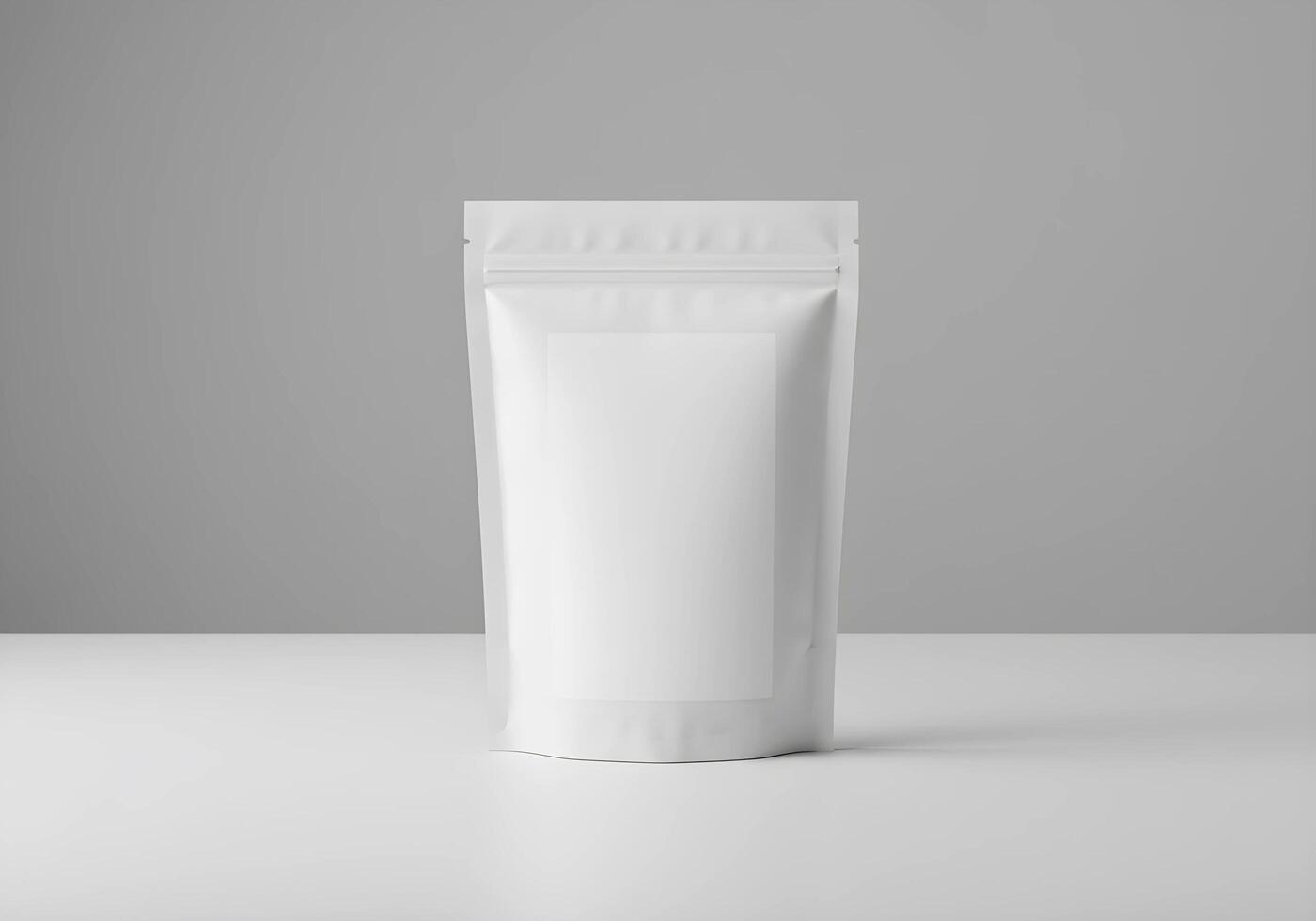 White Stand-up Pouch Mockup on White Table Against Gray Background photo