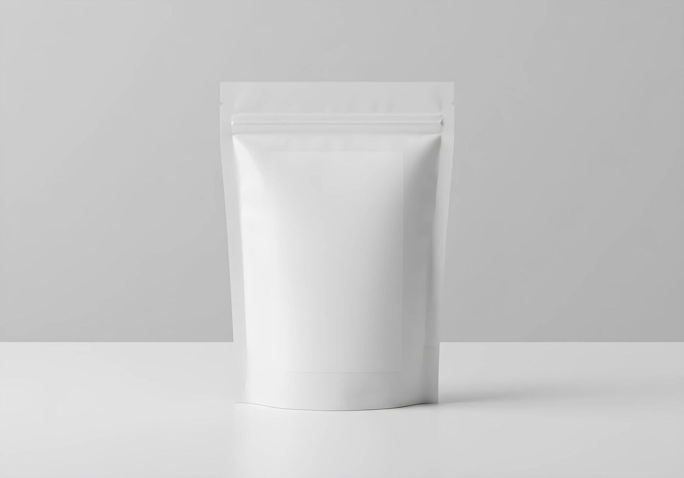 Standing Pouch Mockup with Zipper on White Table for Product Packaging photo