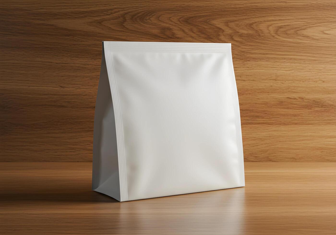 Blank White Packaging Pouch Mockup on Wooden Surface for Product Presentation photo