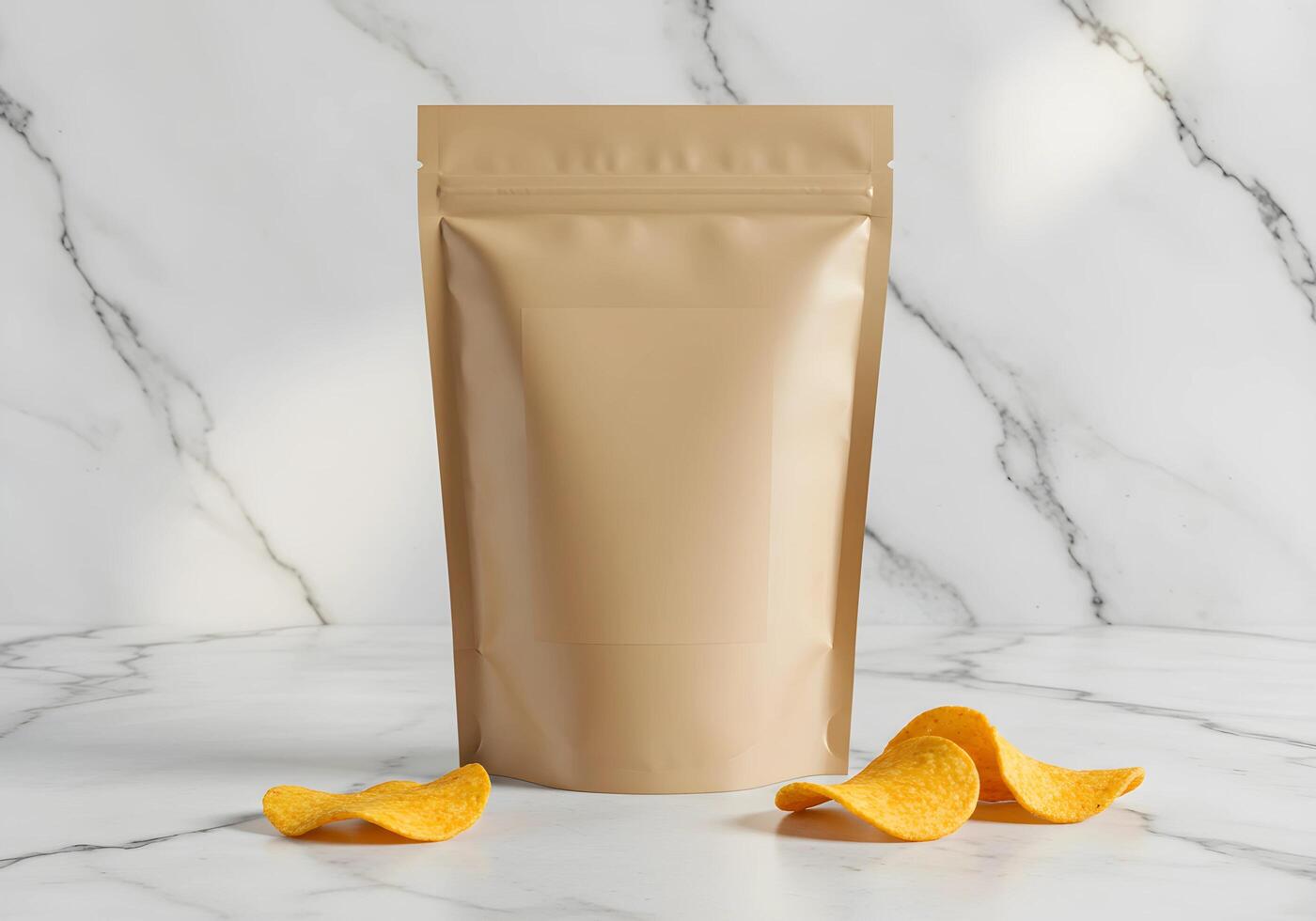 Crisp Potato Chips with Golden Packaging on Marble Background for Mockup photo