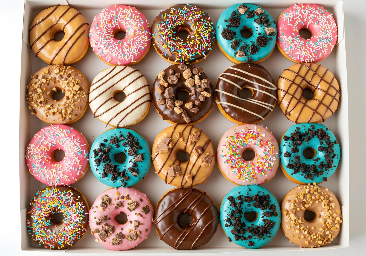 Assorted Doughnuts in Box Colorful Glazes and Toppings Sweet Treat photo