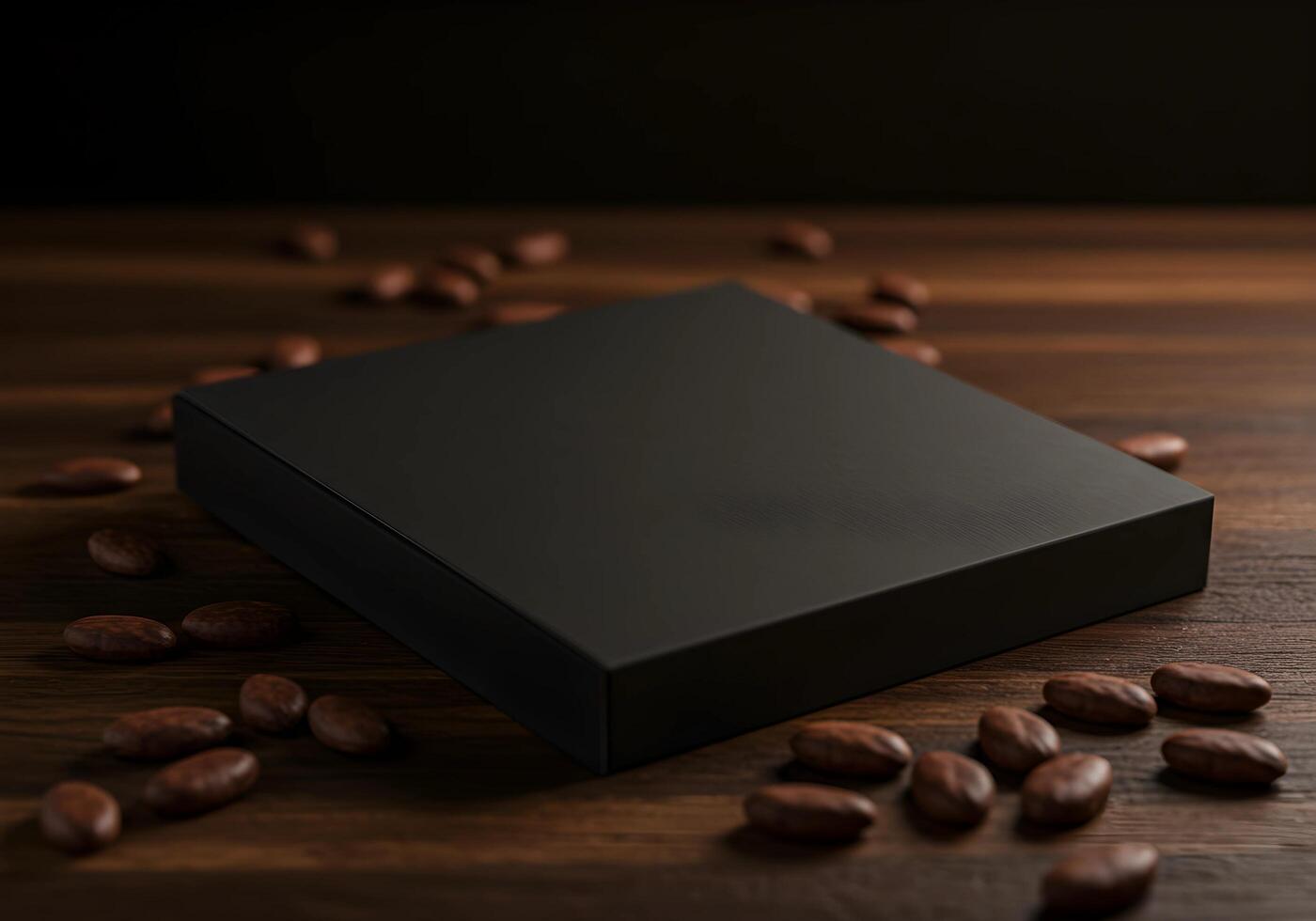 Displaying Dark Chocolate Box with Cocoa Beans on a Wooden Surface photo