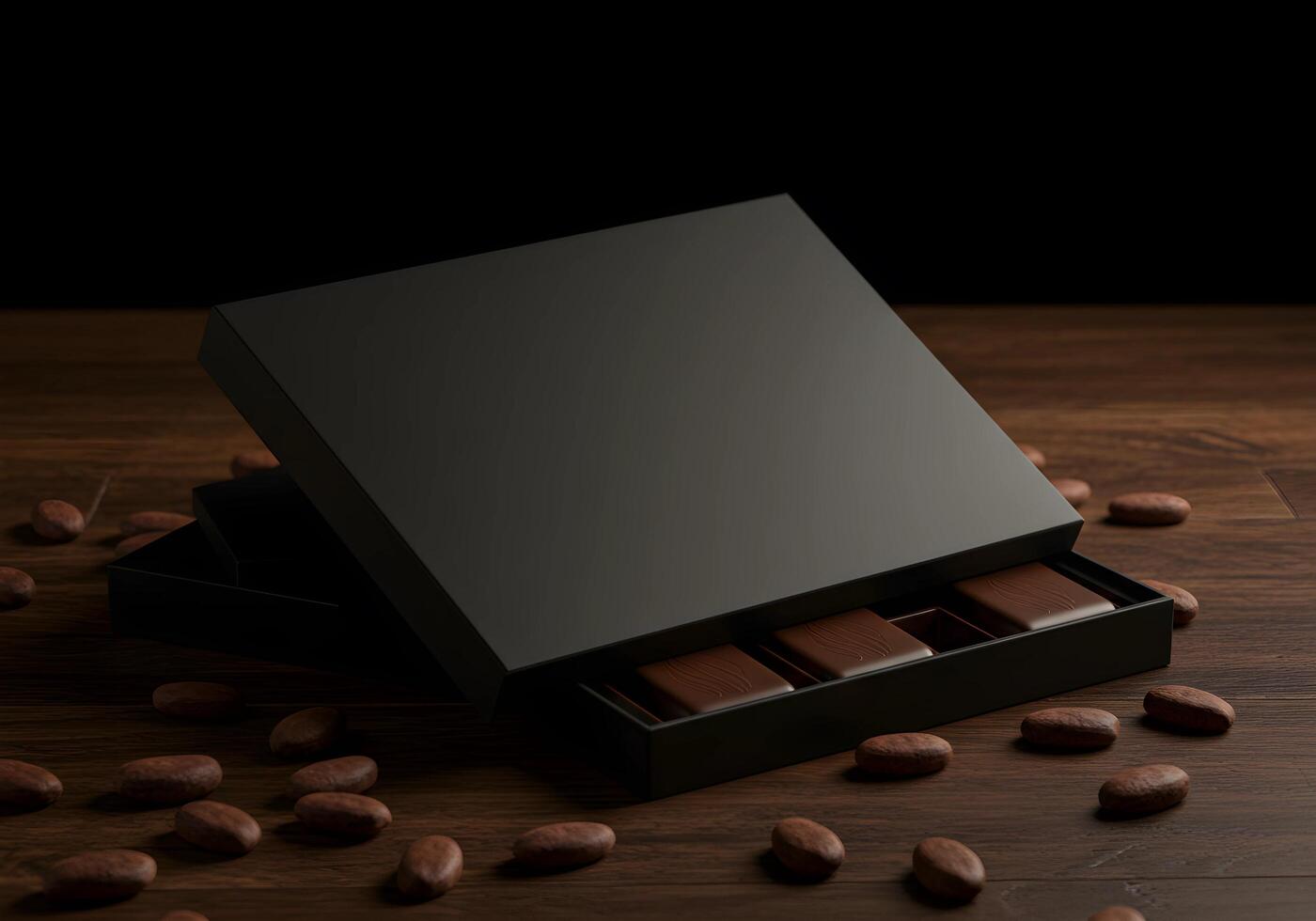 Elegant Chocolate Squares in Black Gift Box with Cocoa Beans Around photo