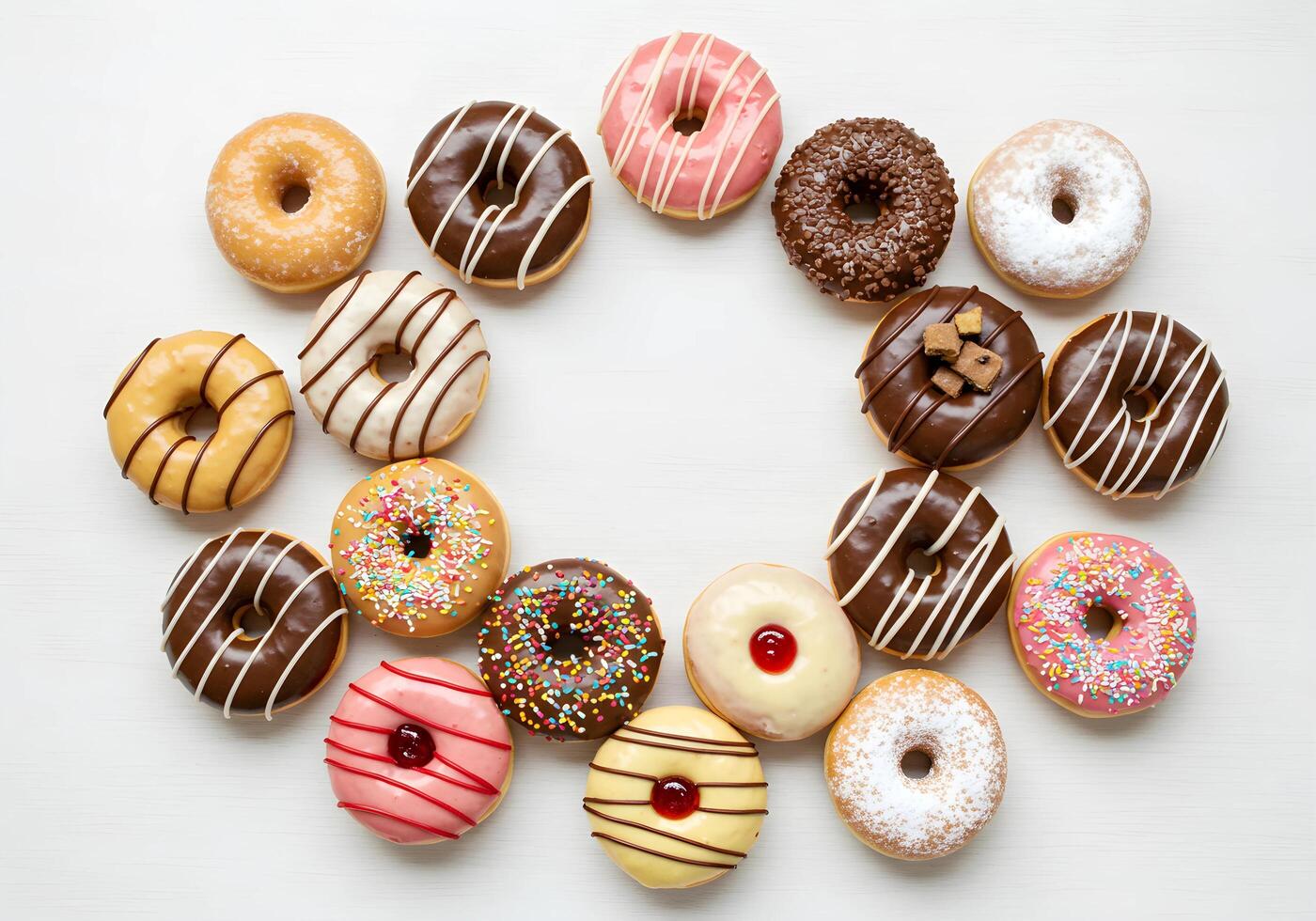 Assorted Delicious Donuts with Various Frostings and Toppings on White Background photo