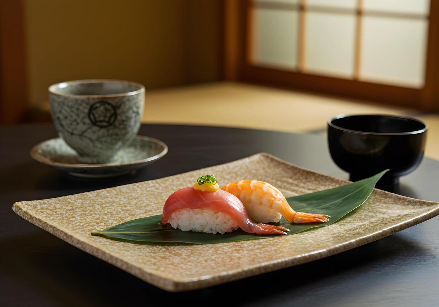 Tuna and Shrimp Sushi Nigiri with Tea in a Japanese Setting photo