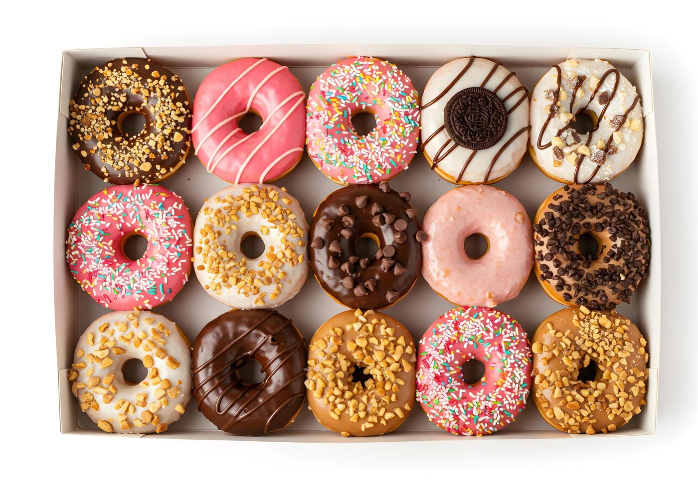 Assorted Donuts in a Box Overhead View Colorful Sweet Treat photo