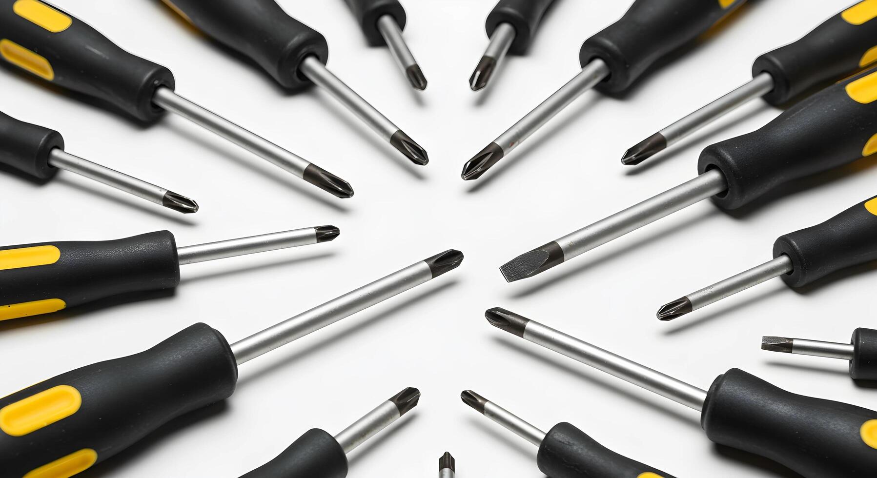 Screwdriver Set Arranged in Circle on White Background Close Up photo