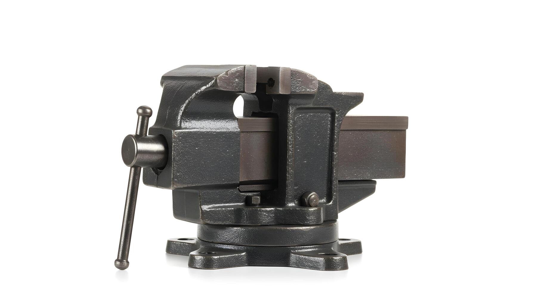 Close-up of a Heavy Duty Metal Bench Vise Tool on White photo