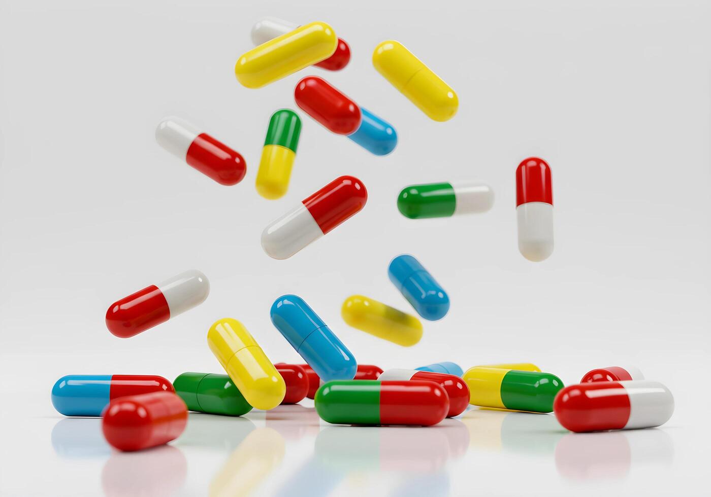 Many colorful pills falling from the air photo