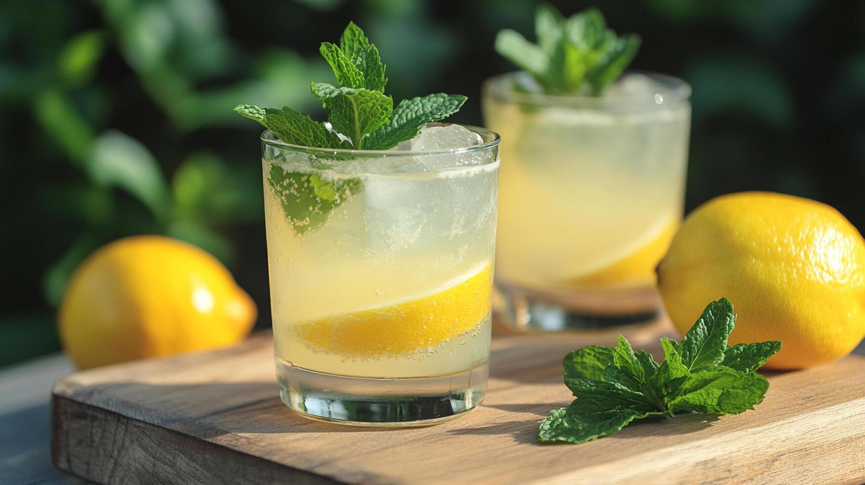 Refreshing summer drinks with lemon and mint on wooden table photo