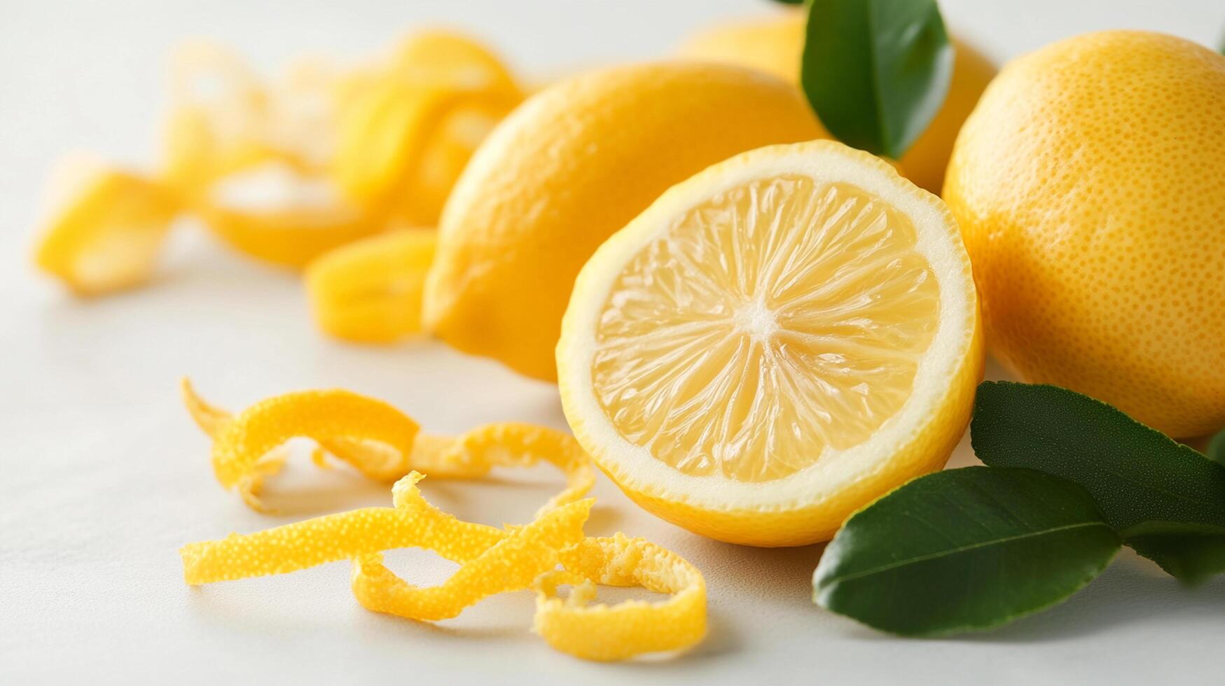 Lemon zest curls and whole lemons on white background photo
