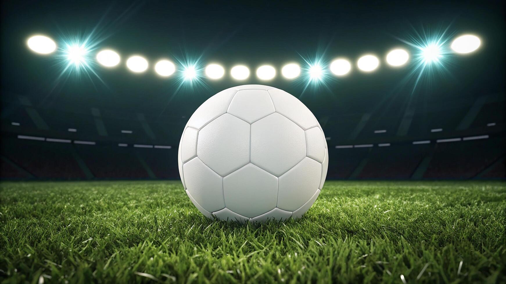 A soccer ball on a vibrant green field under stadium lights. photo