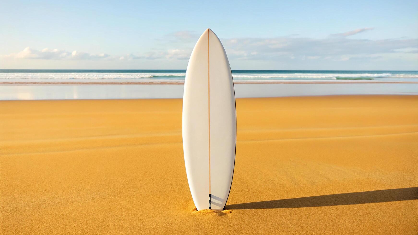 A surfboard stands on a golden beach, capturing the essence of summer and adventure. photo