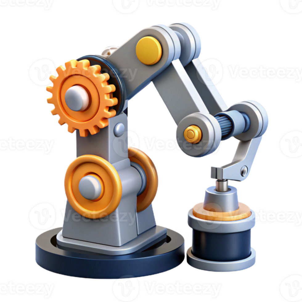 elegant minimalist A robotic arm assembling a complex nanomachine, intricate gears and robotic components visible, industrial and technical style professional png