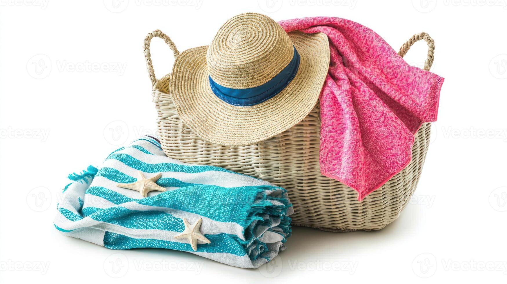 Woven Basket with Straw Hat, Beach Towel, and Starfish photo