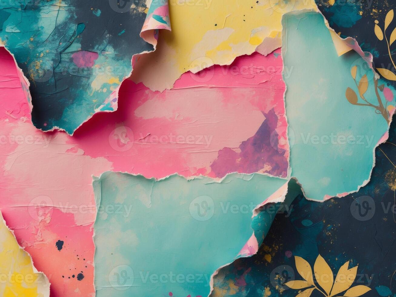 Colorful torn paper background with flowers and leaves photo