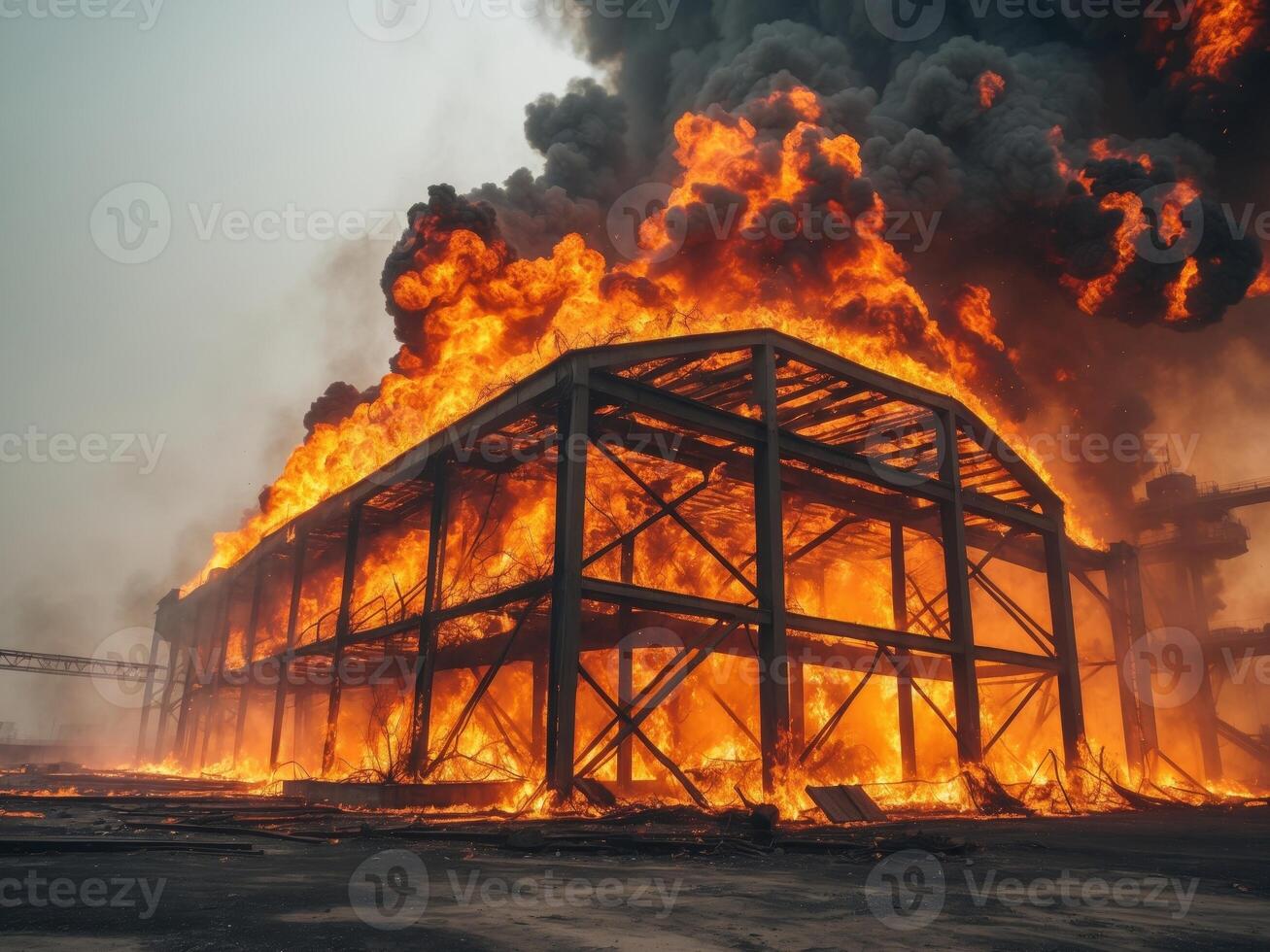 A large building is on fire with smoke coming out photo