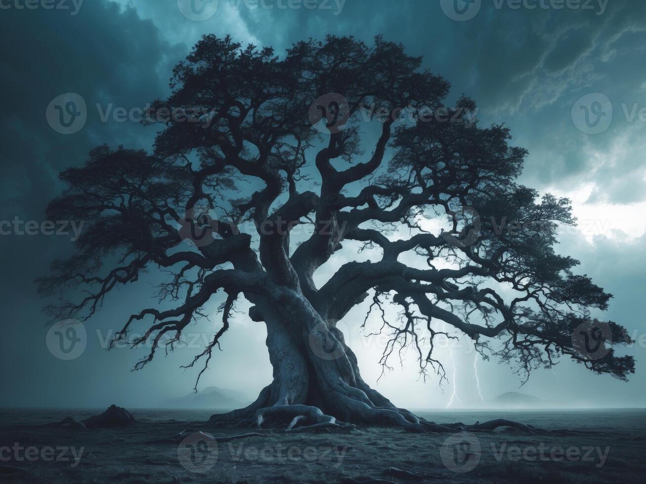 An old tree in the middle of a field photo
