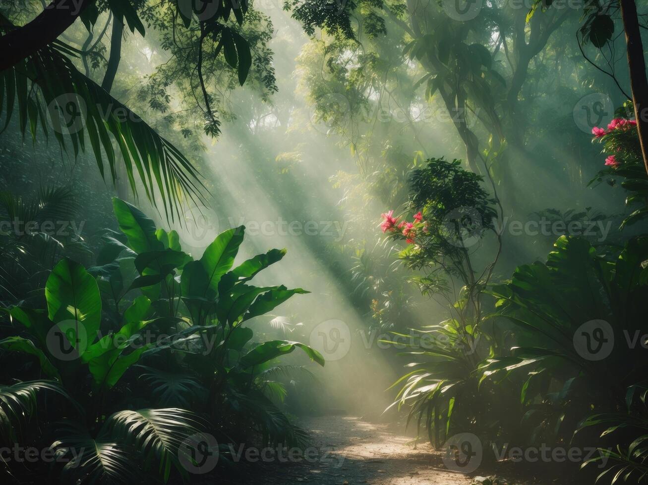 A path through the jungle with sunbeams shining through photo