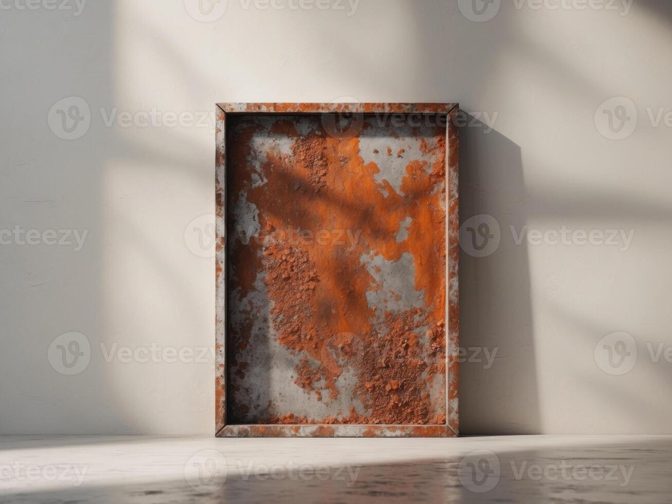 An old rusty metal frame sitting on a white wall photo