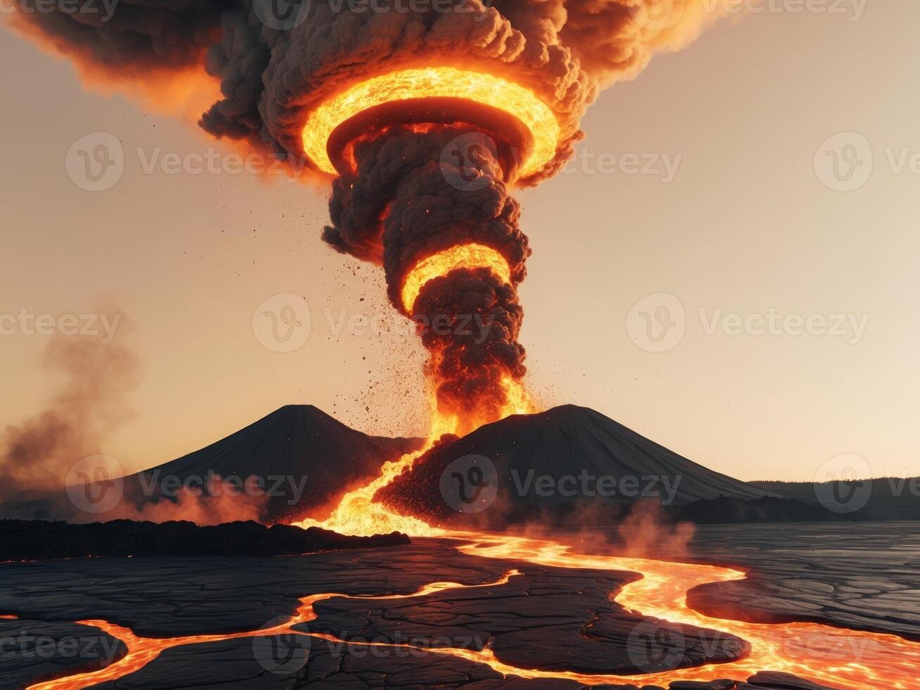 Fire tornado emerging from volcanic eruption near photo
