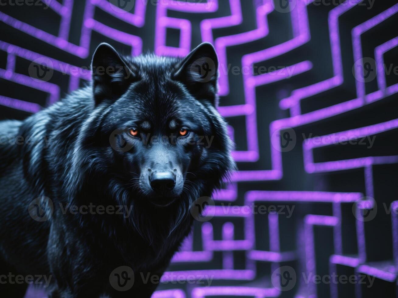 Shadowy Black Wolf with Ruby Eyes in a Maze of Purple and Black Gothic Lines photo