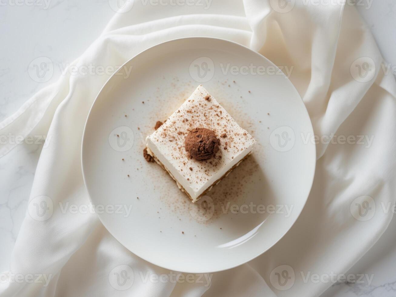 Top view dessert white plate appears to be Tiramisu On Plate photo