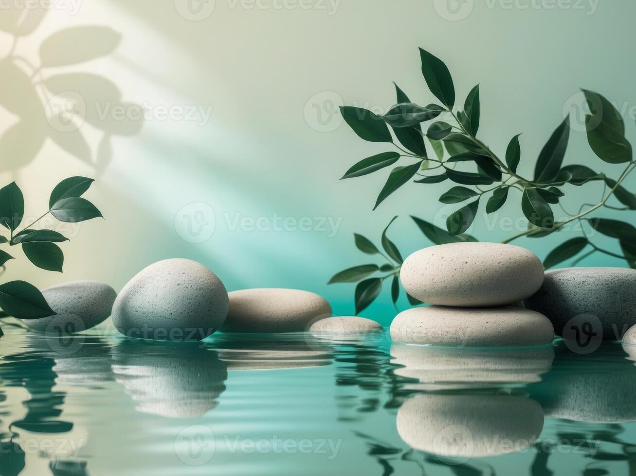Serene Spa Stones and Greenery Reflection on Teal Water. photo
