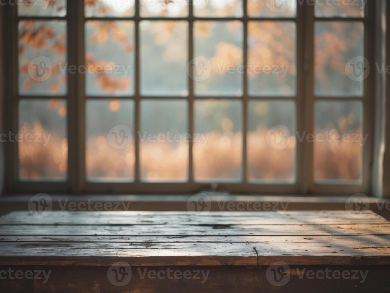 Window wooden table front it there is Empty desk with autumn photo
