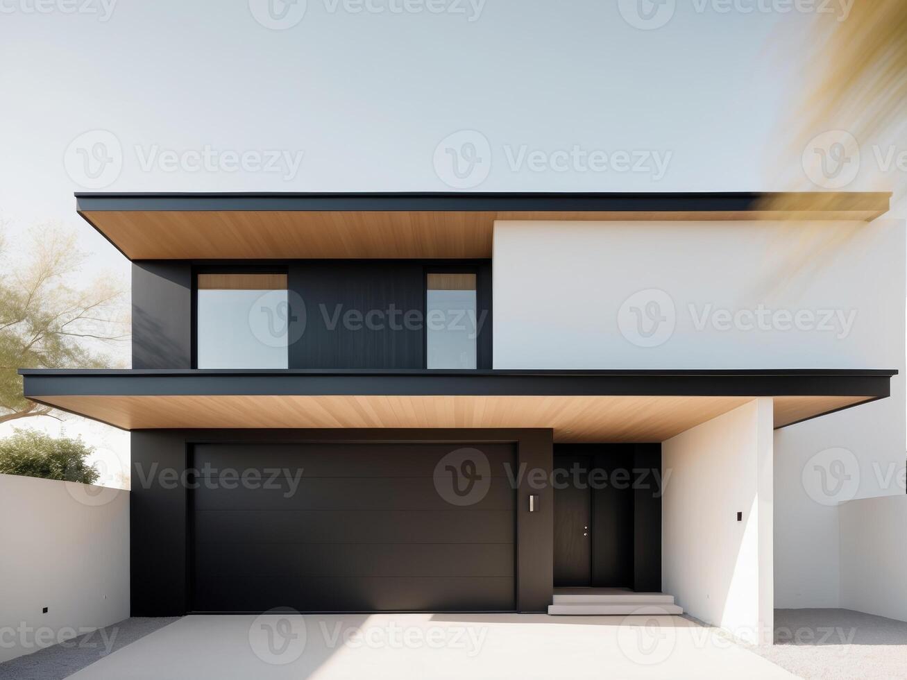 Modern house design has black exterior wooden roof garage entrance. photo