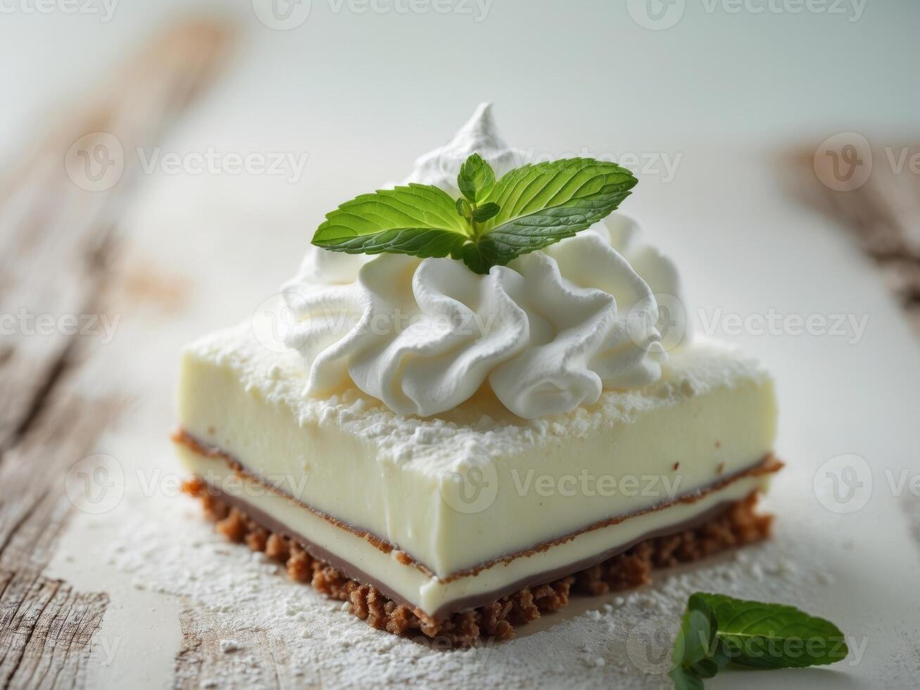 Delicious Layers of Creamy Dessert with Whipped Topping and Mint Garnish on a Rustic Wooden Surface photo