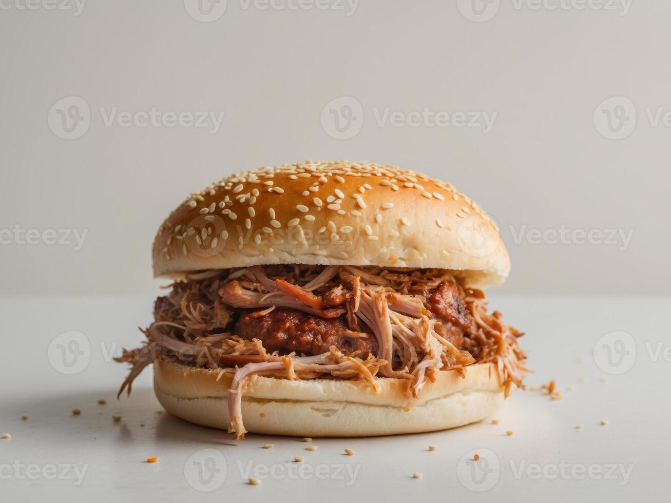 Pulled pork sandwich sesame seed bun is made Juicy burger. photo